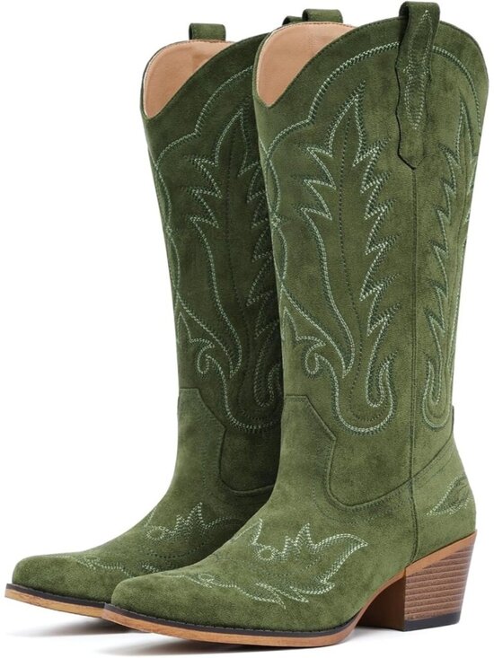 Shoes - Women’s Green Pull-On Western Mid-Calf Cowboy Boots Snip Toe Chunky Block Heel